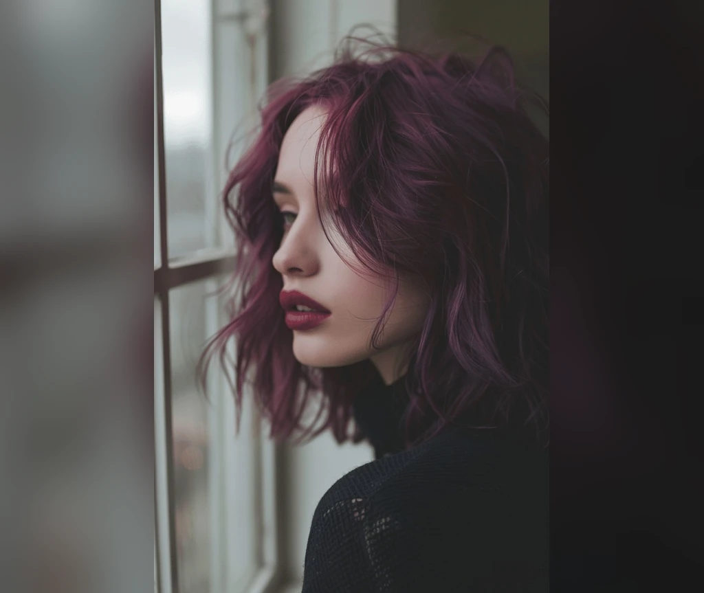 Plum shaggy bob with tousled layers