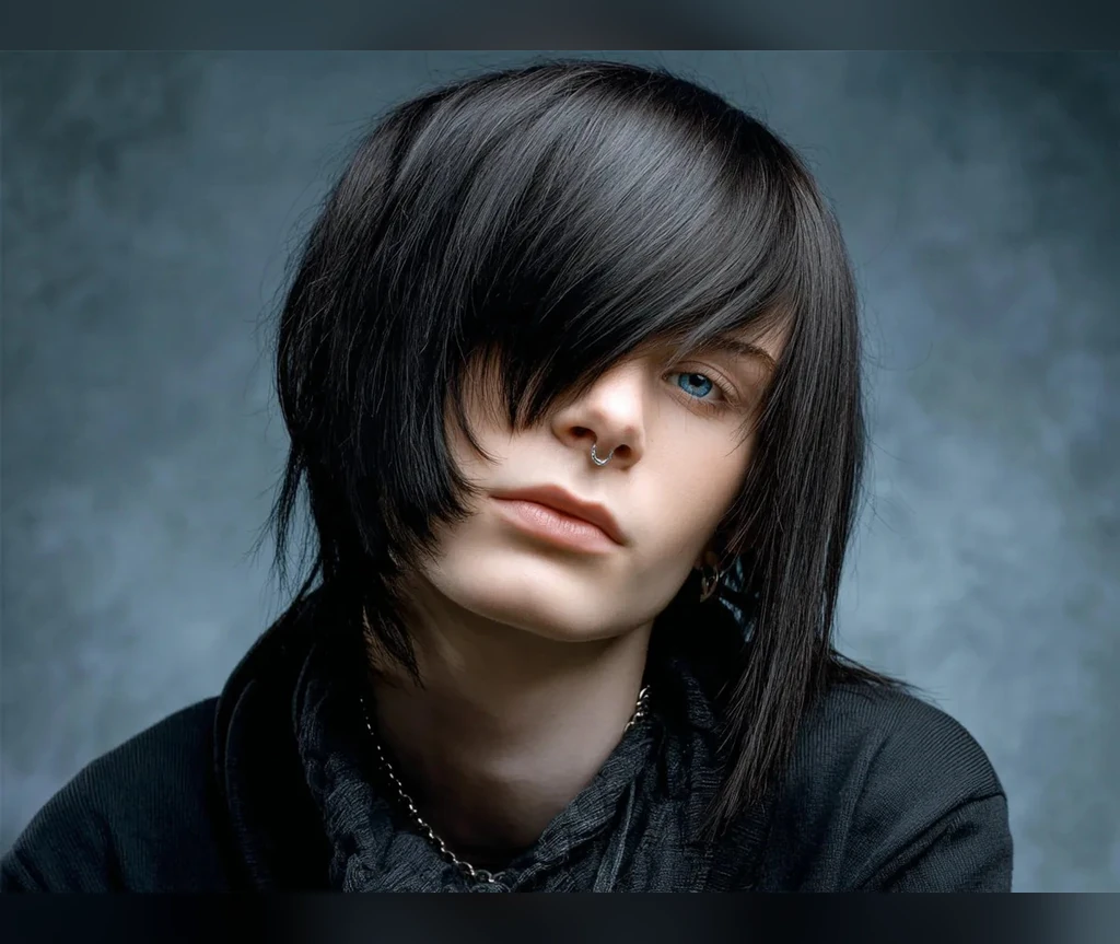 Classic emo vampire hair with a sweeping fringe