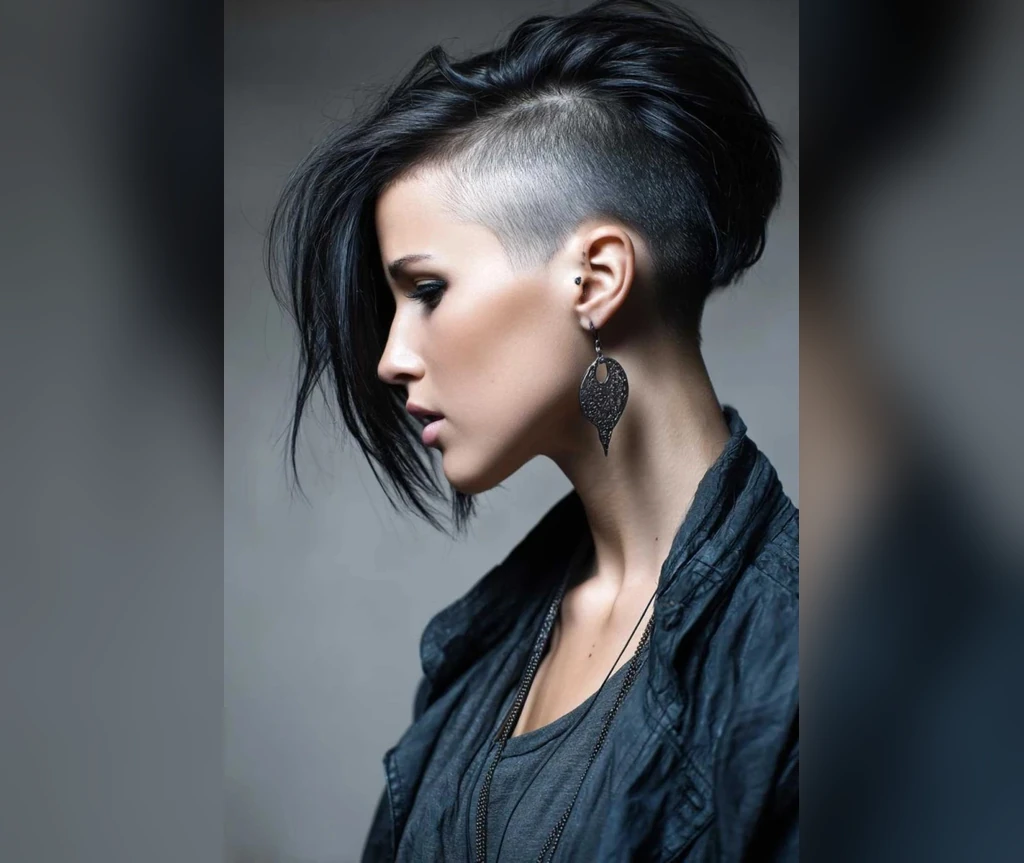 Long top with shaved sides in a bold style