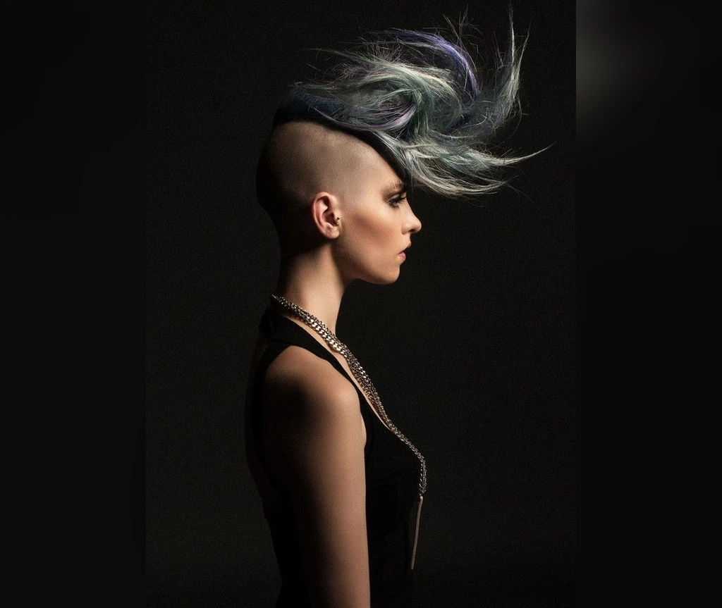 Silver swept shaved hairstyle in profile