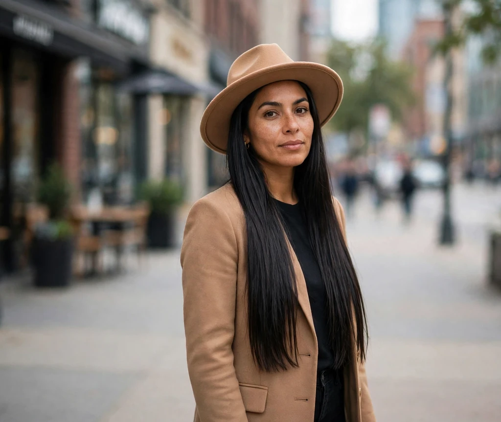 wide-brim fedora with straight hair
