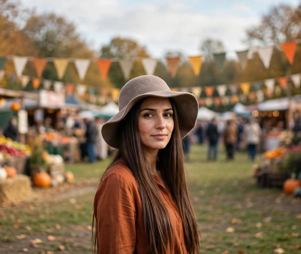 felt floppy hat with middle-part hair