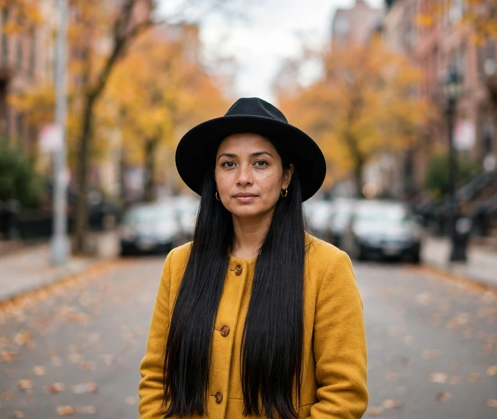 wide-brim wool hat with straight sleek hair