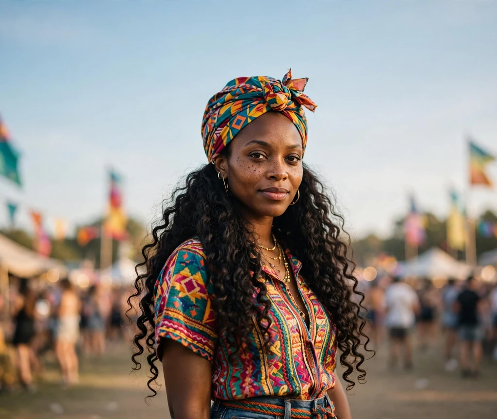 turban-style headwrap with flowing hair
