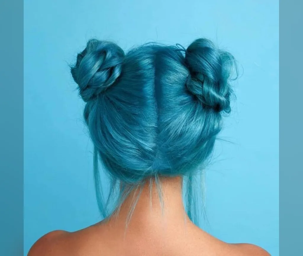 Teal space buns in halloween hair color ideas