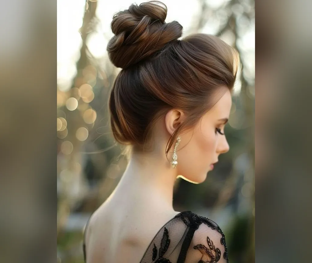 Elegant twisted high bun seen from behind outdoors, graceful halloween hairstyles for women