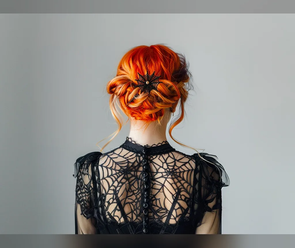 Fiery orange updo with a spider clip in halloween hair color ideas