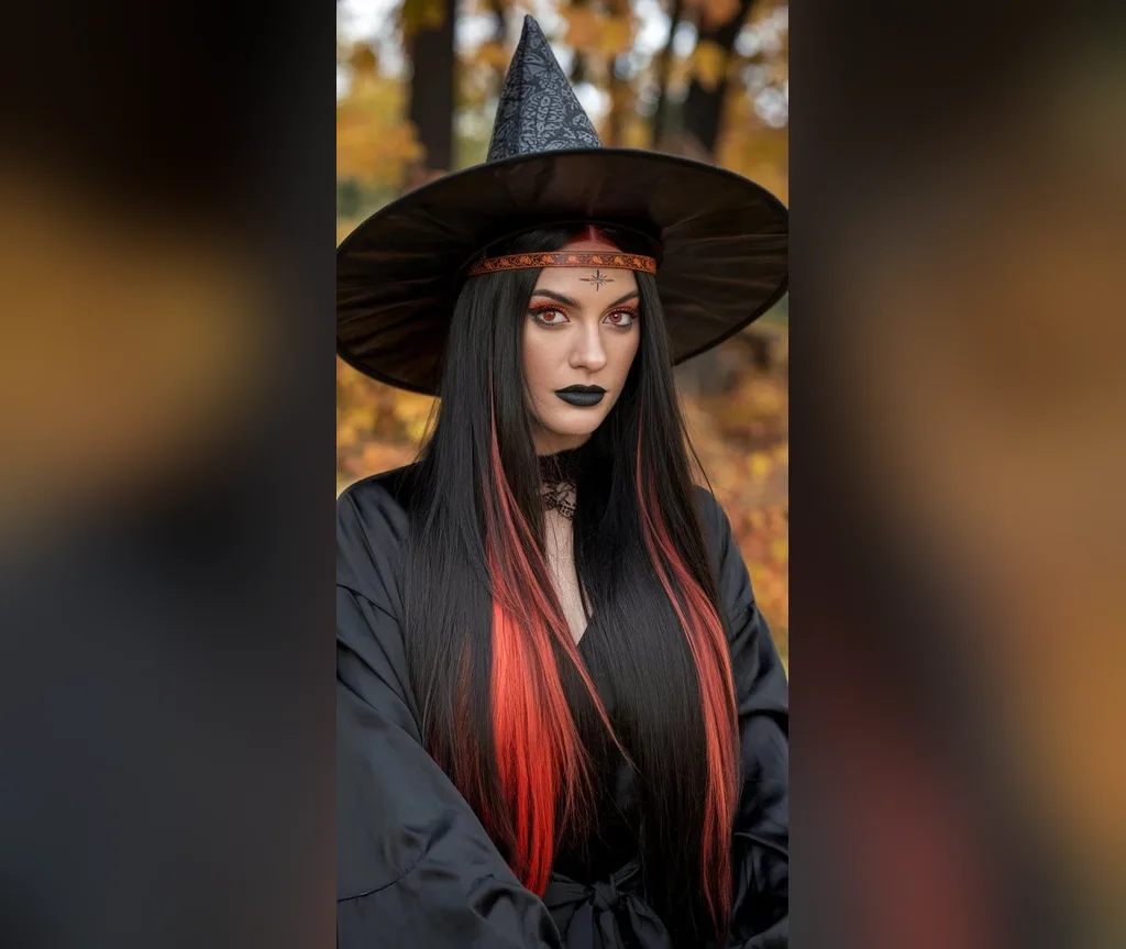 Pointed witch hat with black hair and red streaks in autumn, easy halloween hairstyle