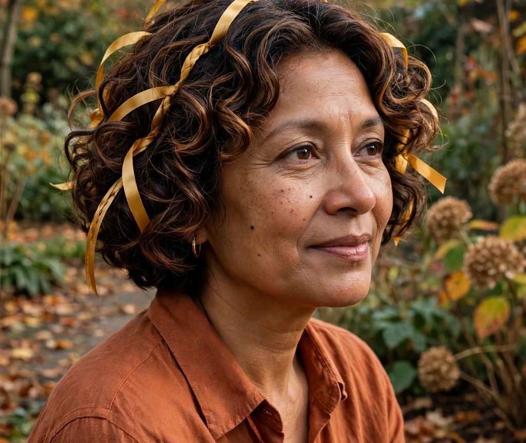 Curly bob with warm caramel for over 40