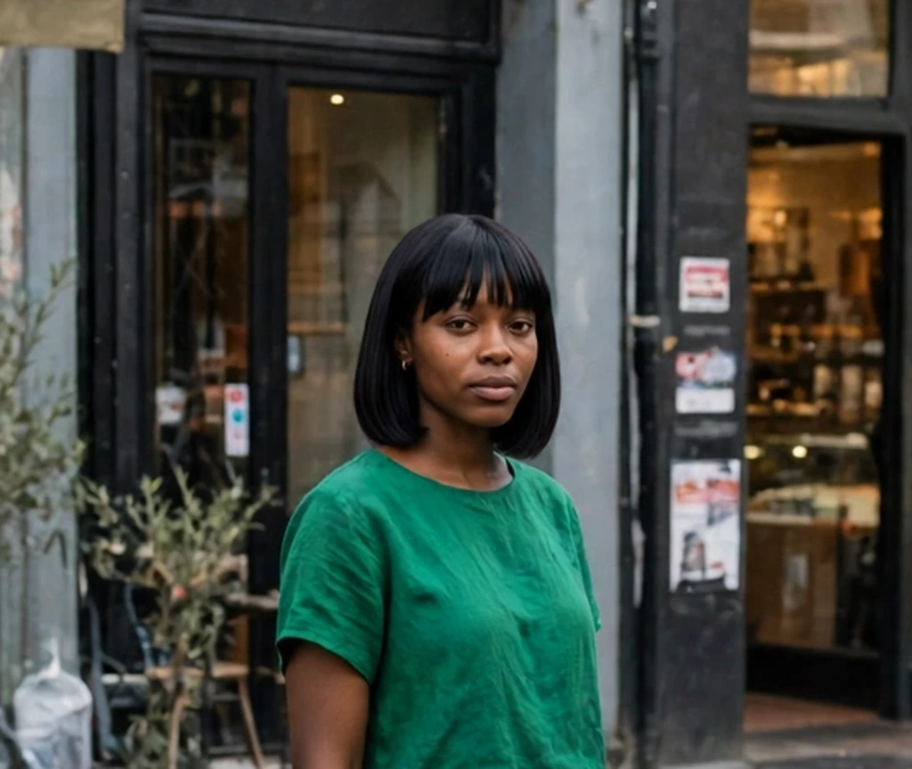 sleek jet-black bob with a blunt fringe