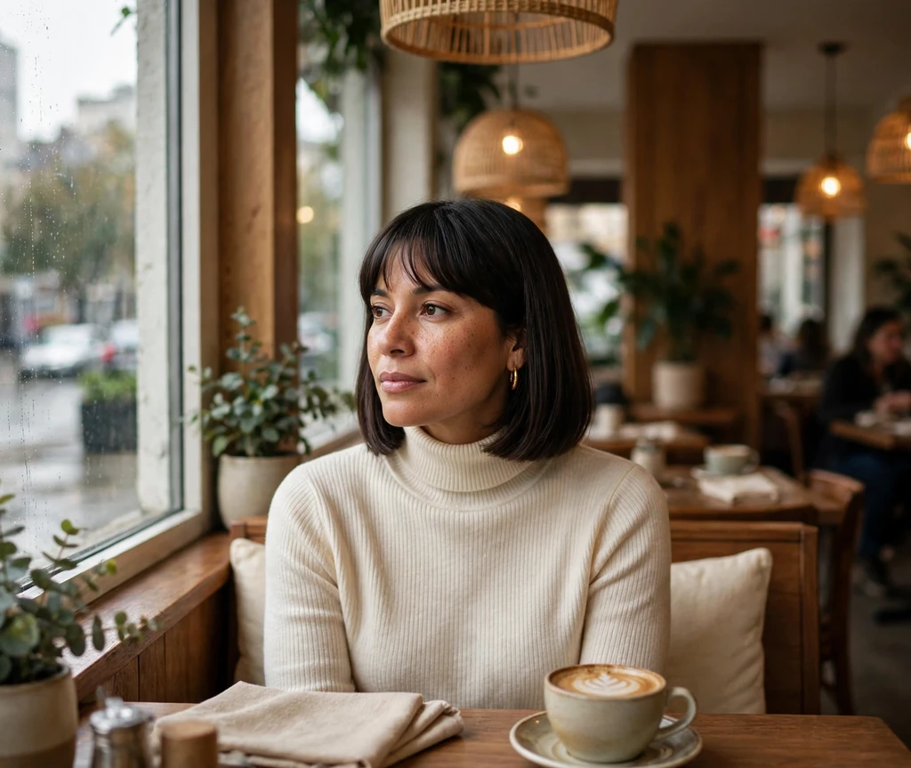 sleek dark brown bob with a straight fringe