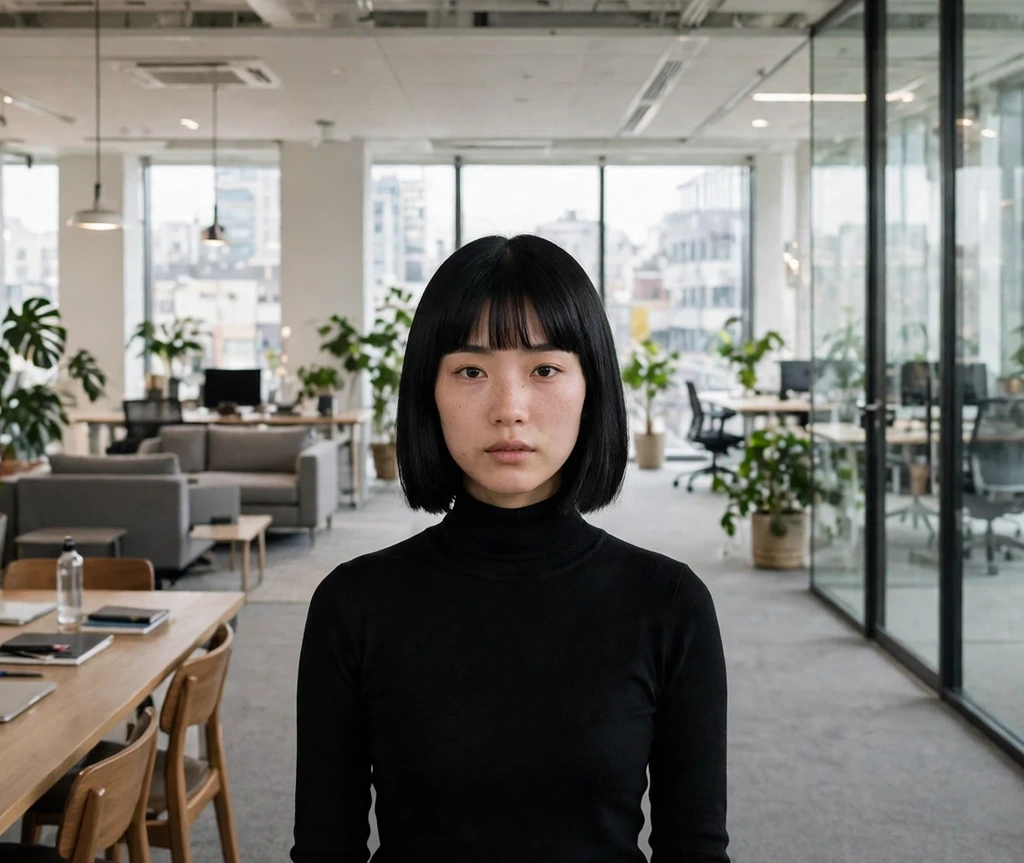 jet-black precision bob with straight bangs