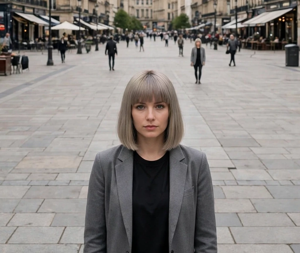 ash blonde sleek bob with blunt bangs