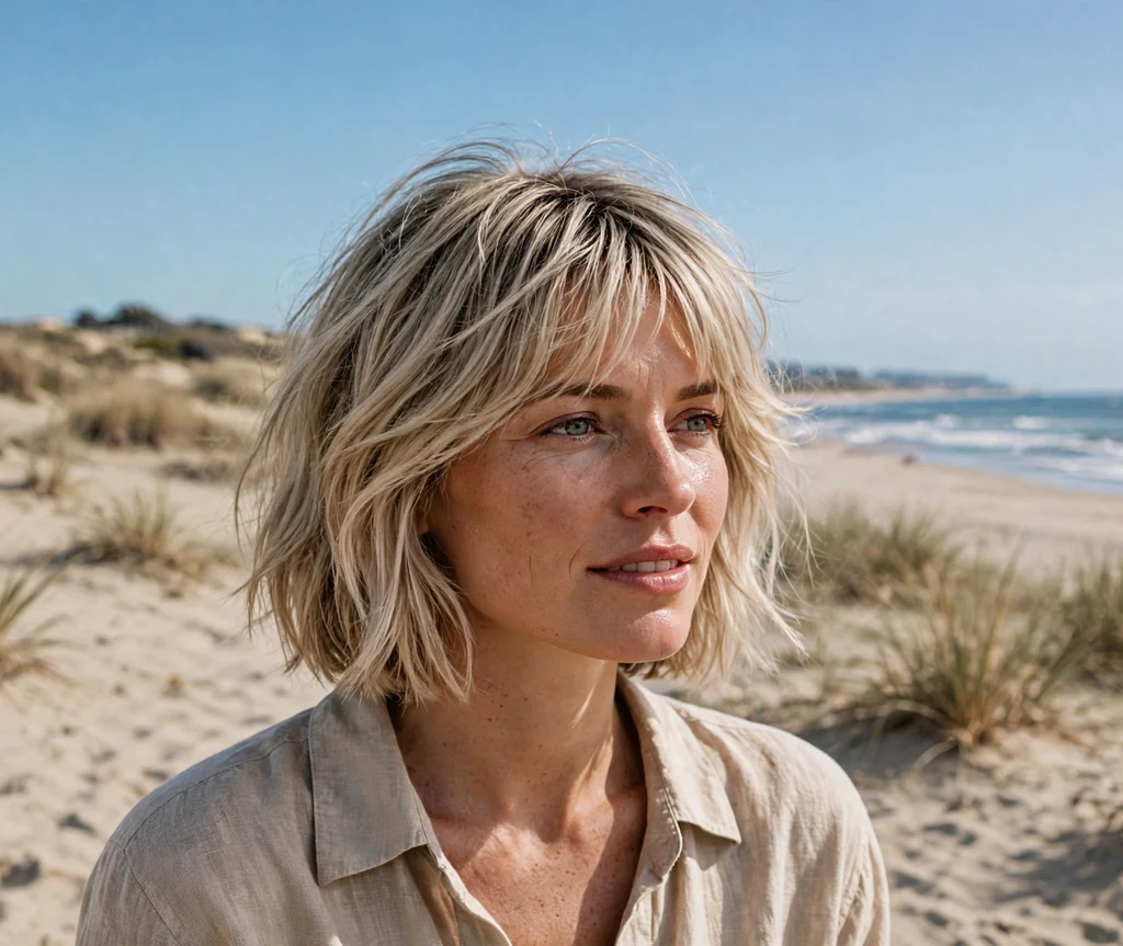 ash blonde textured bob with feathered bangs
