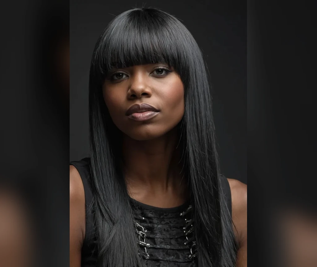 Long straight black hair with full bangs