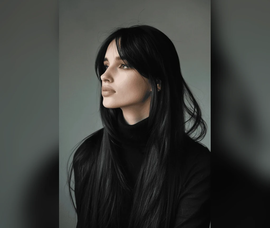 Long layered black vampire hair with soft movement