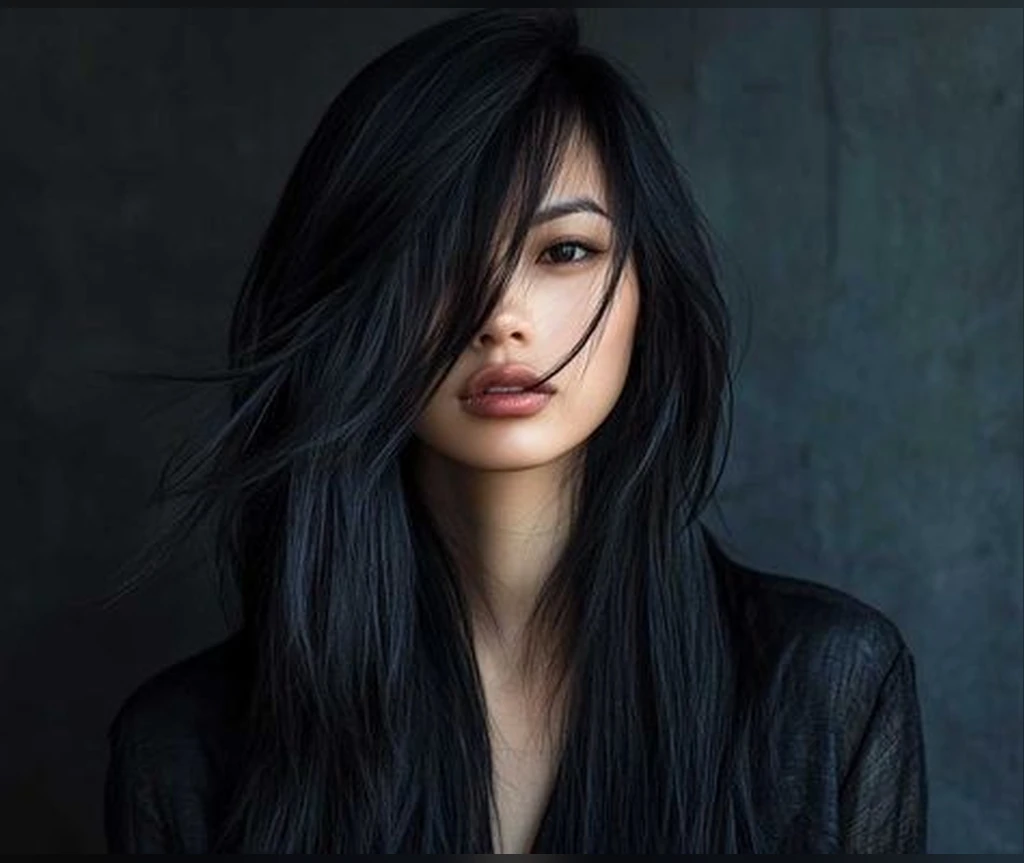 Side-swept midnight black lengths with volume