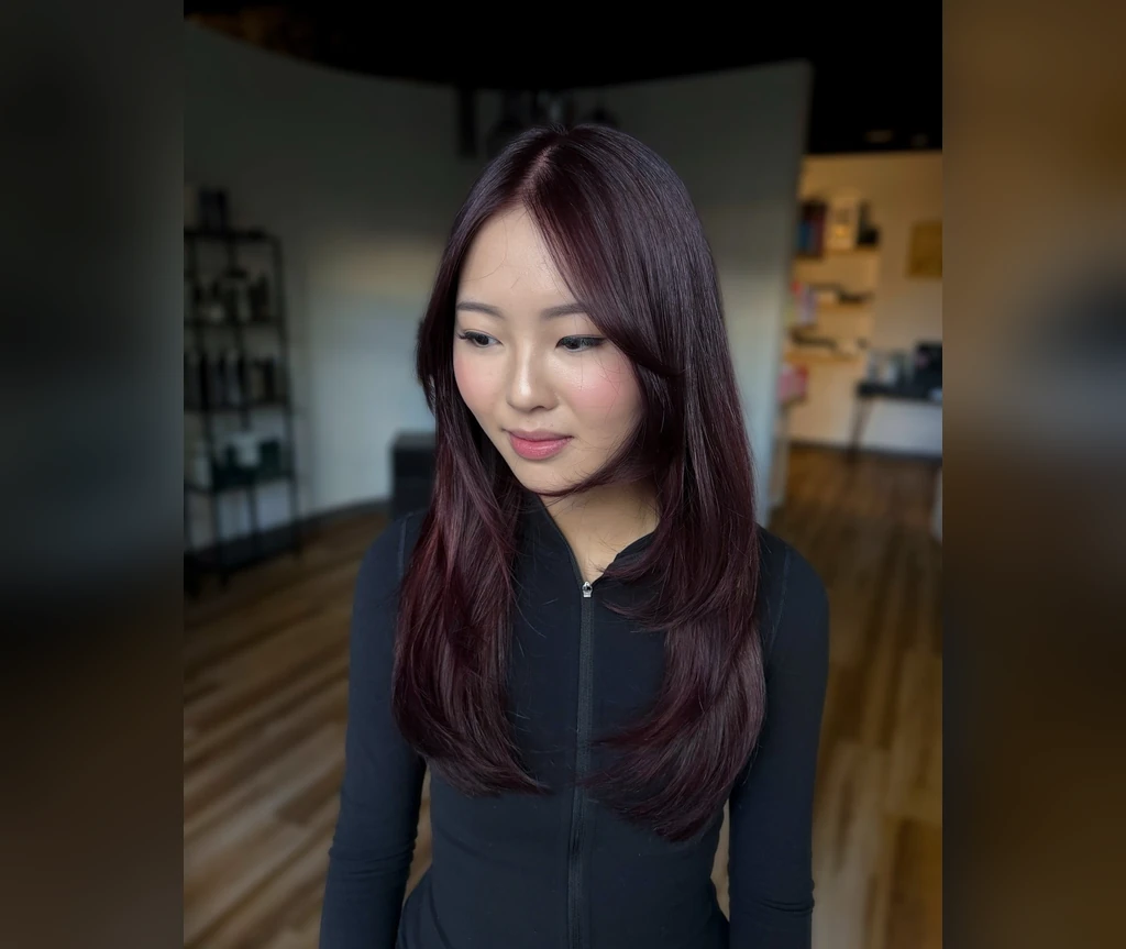 Plum-tinted long vampire hair worn sleek