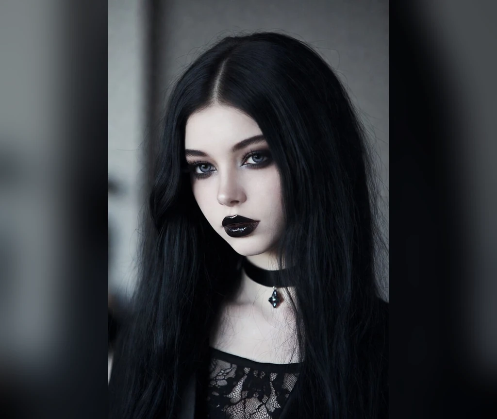 Porcelain goth long black hair with dark lips