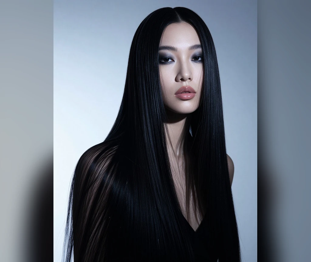 Mirror-shine black vampire hair with a glossy finish