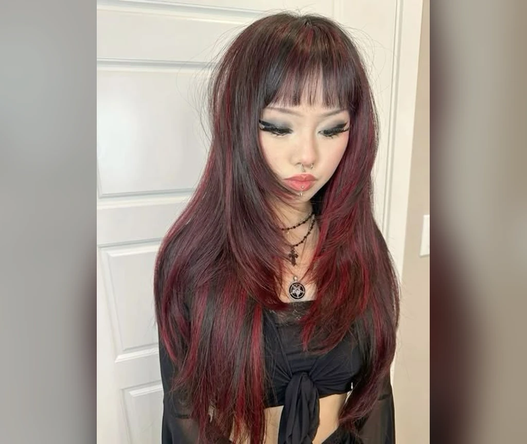 Burgundy long hair with bangs and dark shine