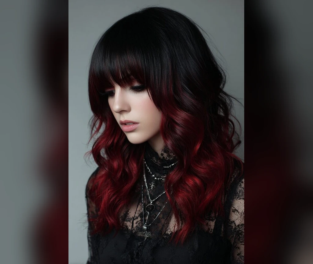 Black to red ombre waves with bangs