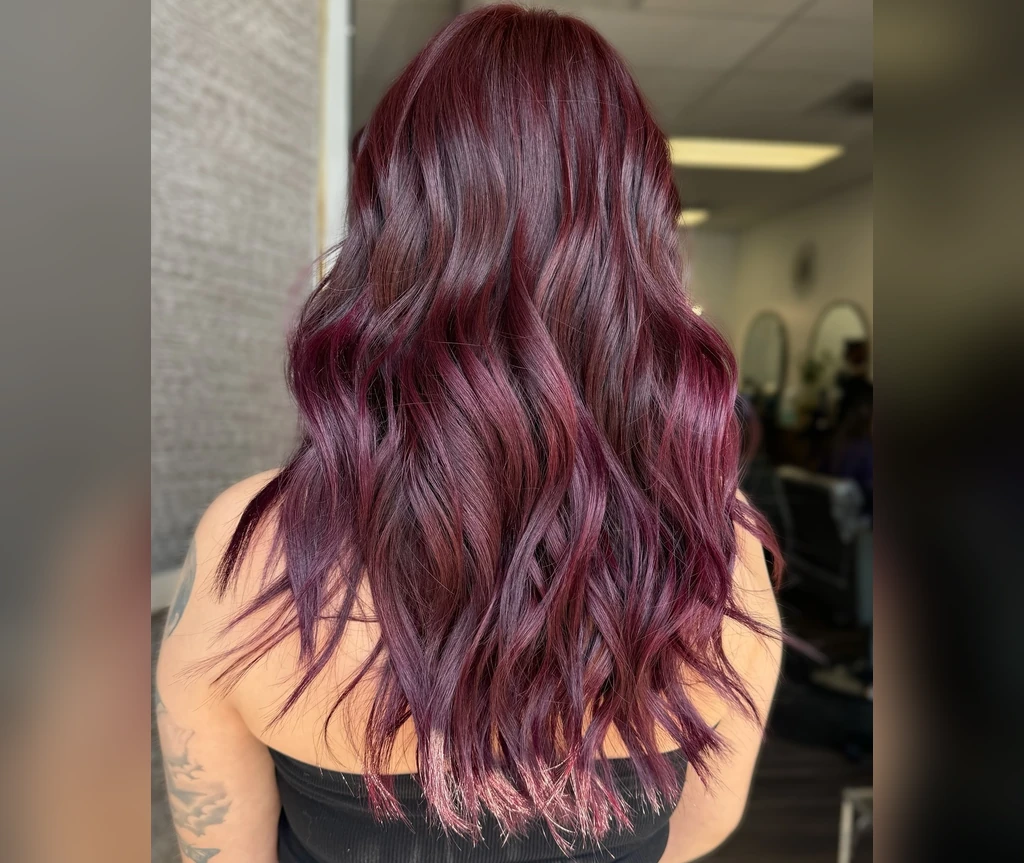 Burgundy waves shown from behind