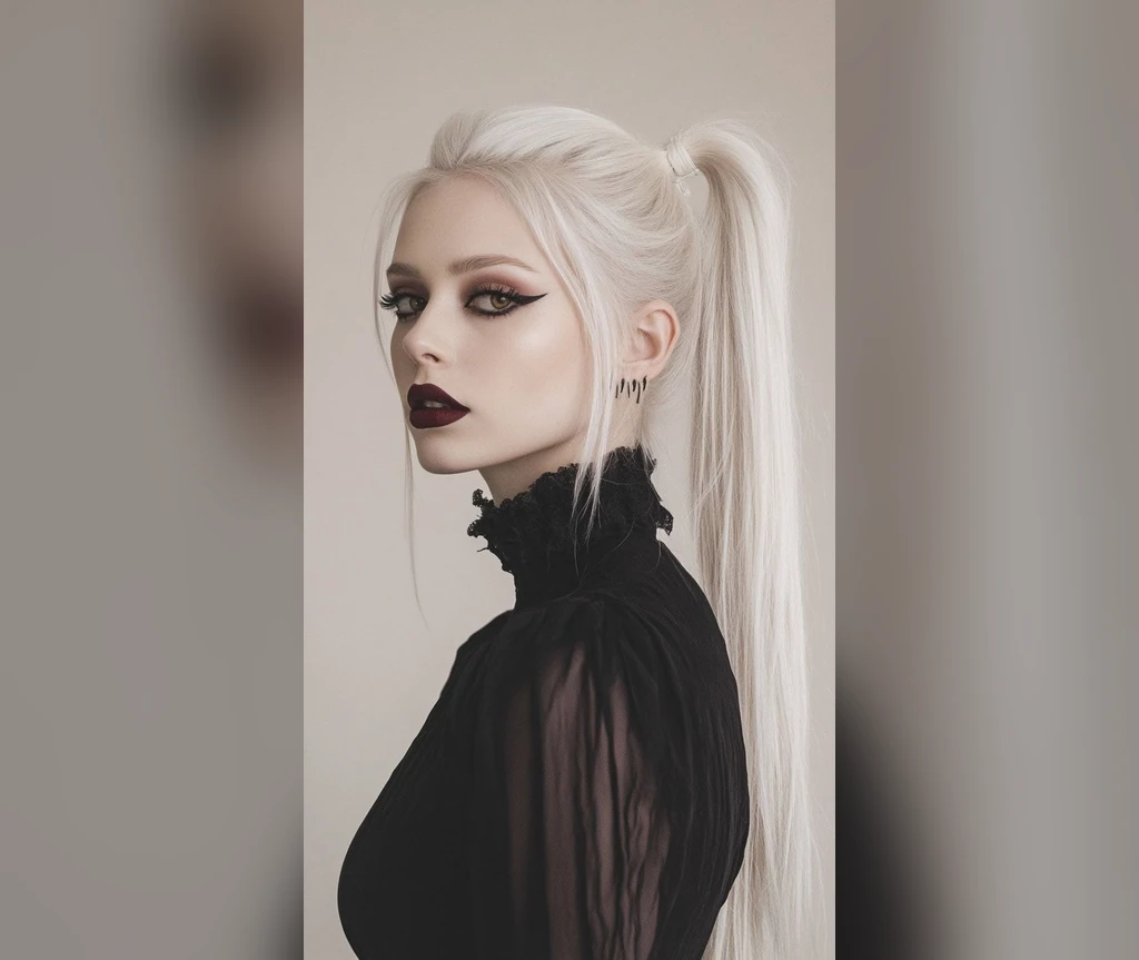 Icy white vampire ponytail with dark makeup