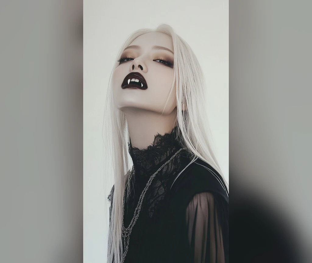 Ghostly white vampire lengths with dark lips