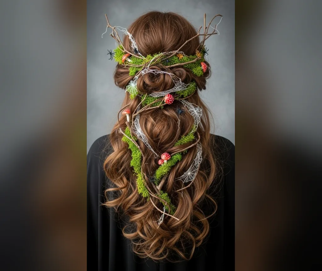 Forest witch half up hairstyle decorated with twigs moss and tiny mushrooms, whimsical halloween hair for long hair