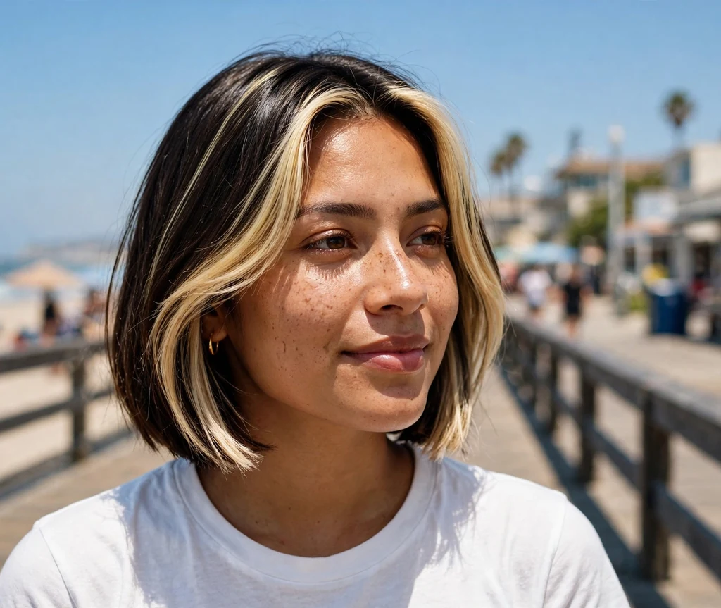 Inverted bob with blonde highlights