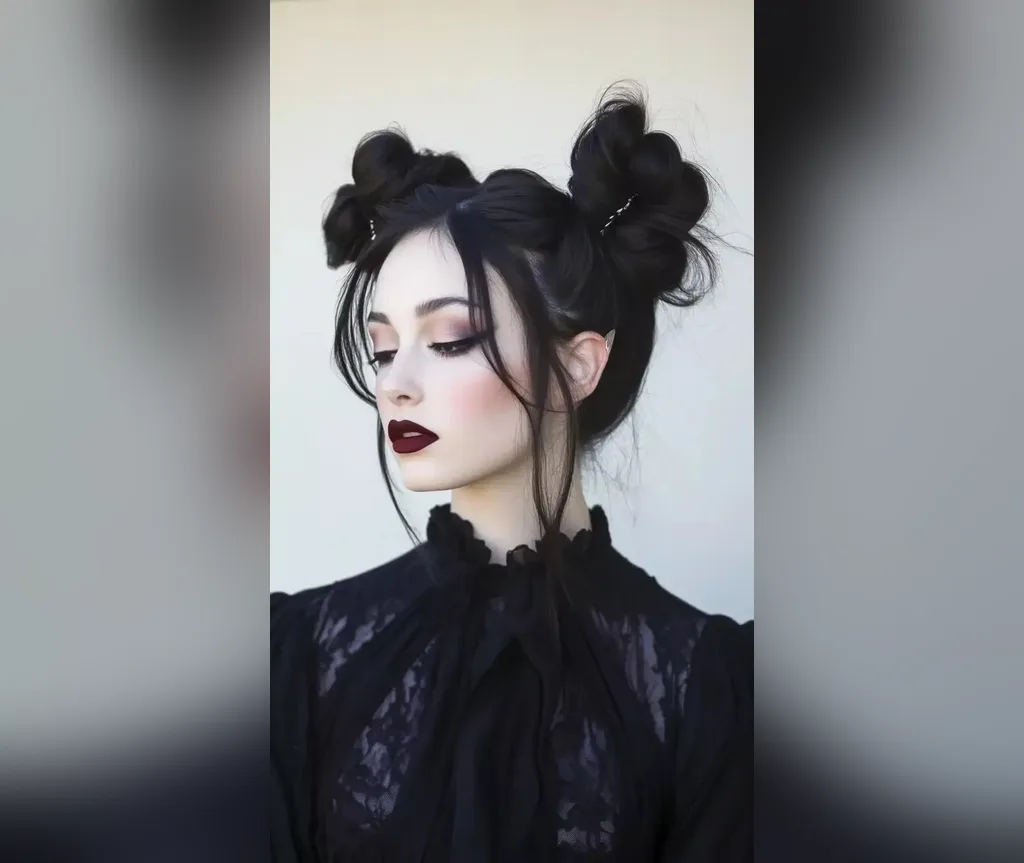Black double buns with face-framing strands and dark glam makeup, edgy halloween hairstyles for women