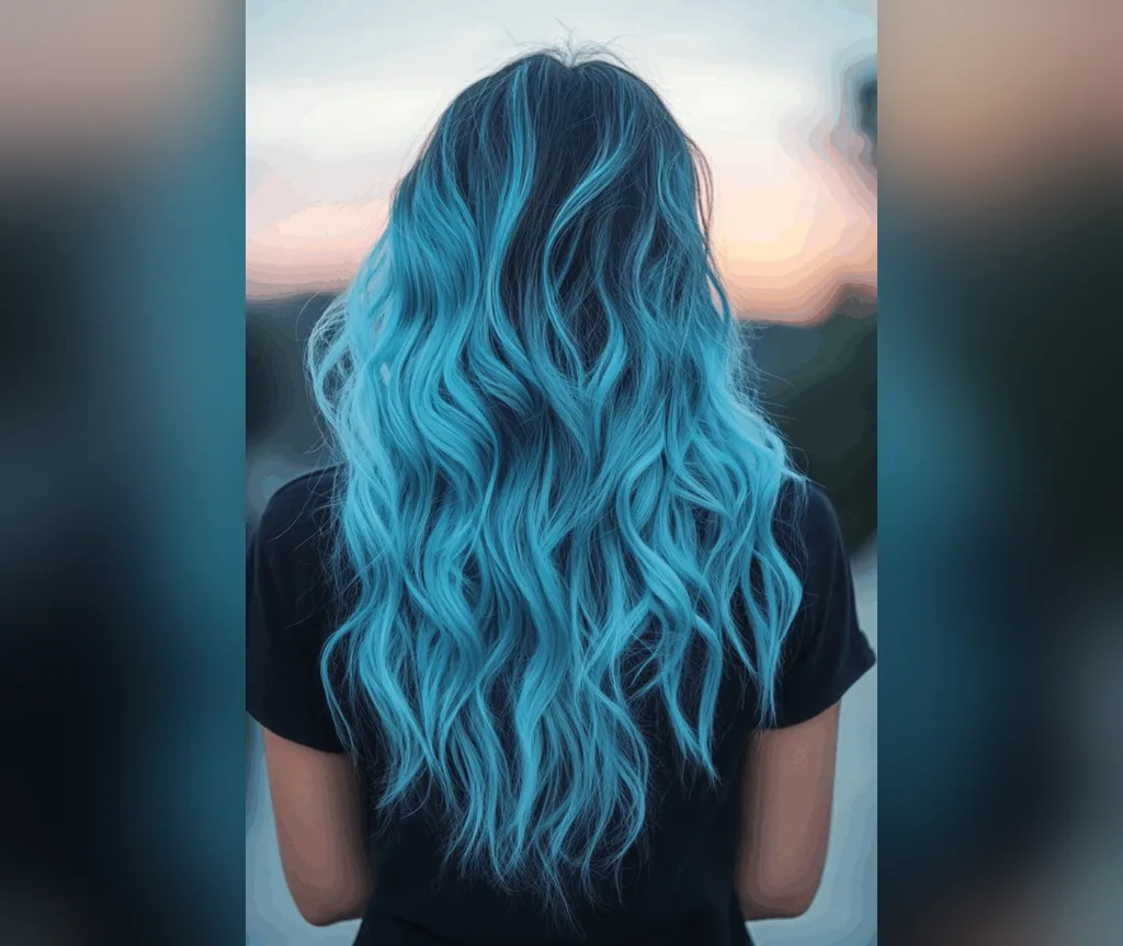 Long turquoise mermaid waves with a blue to aqua gradient, vibrant halloween hair for long hair