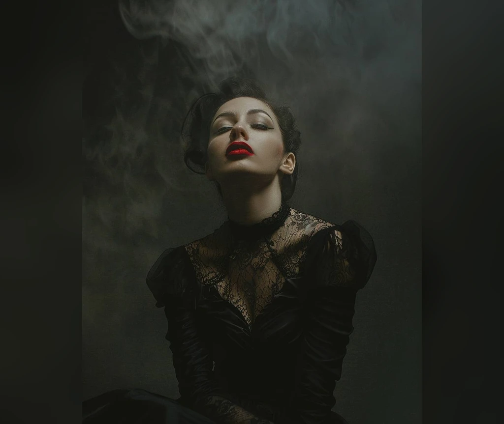 Victorian mourning hair in a smoky portrait