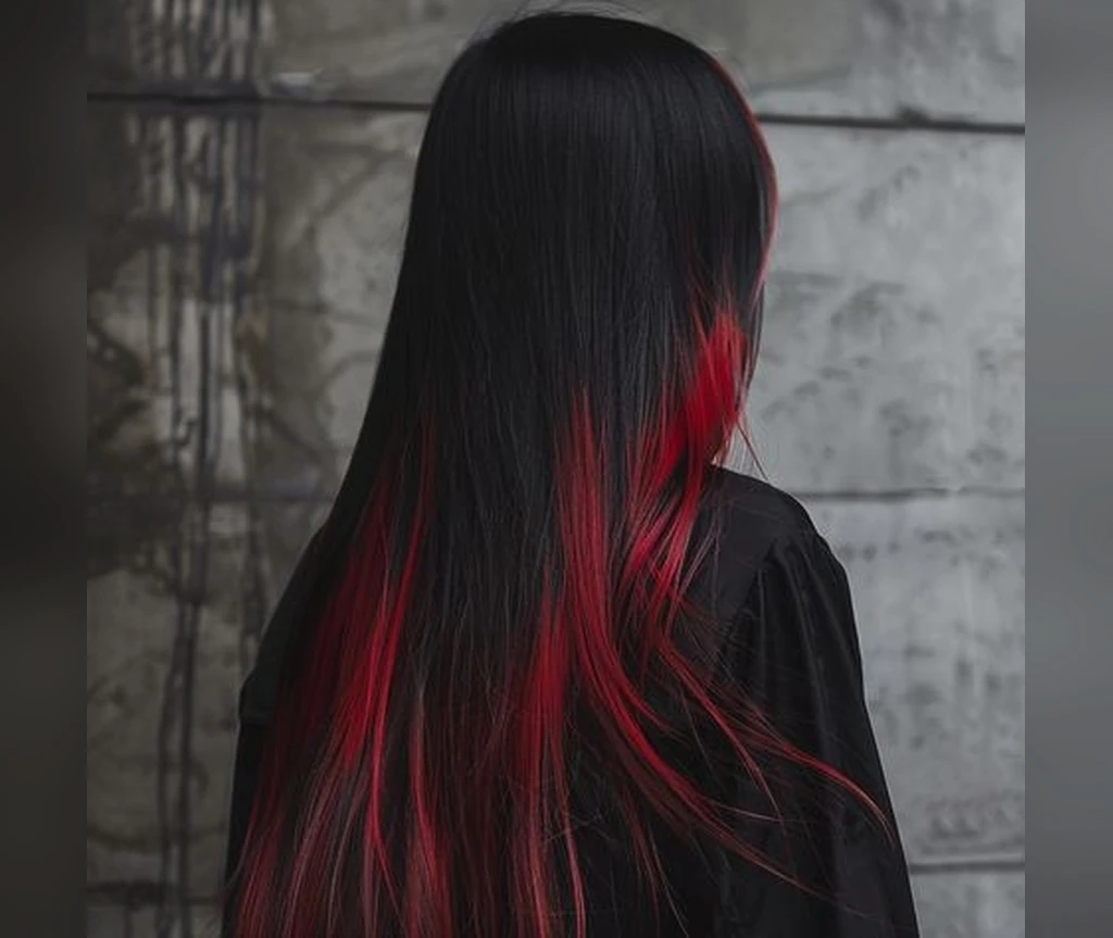 Black hair with red ends from behind