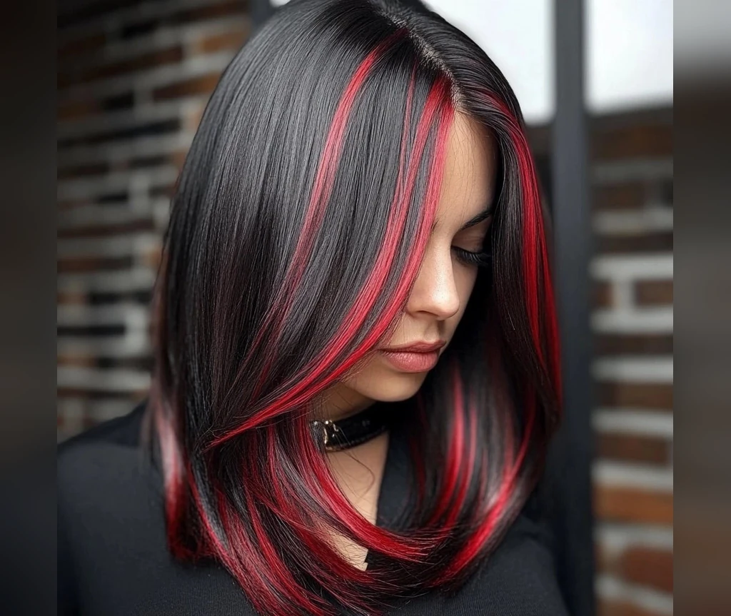 Red streaks on long black hair