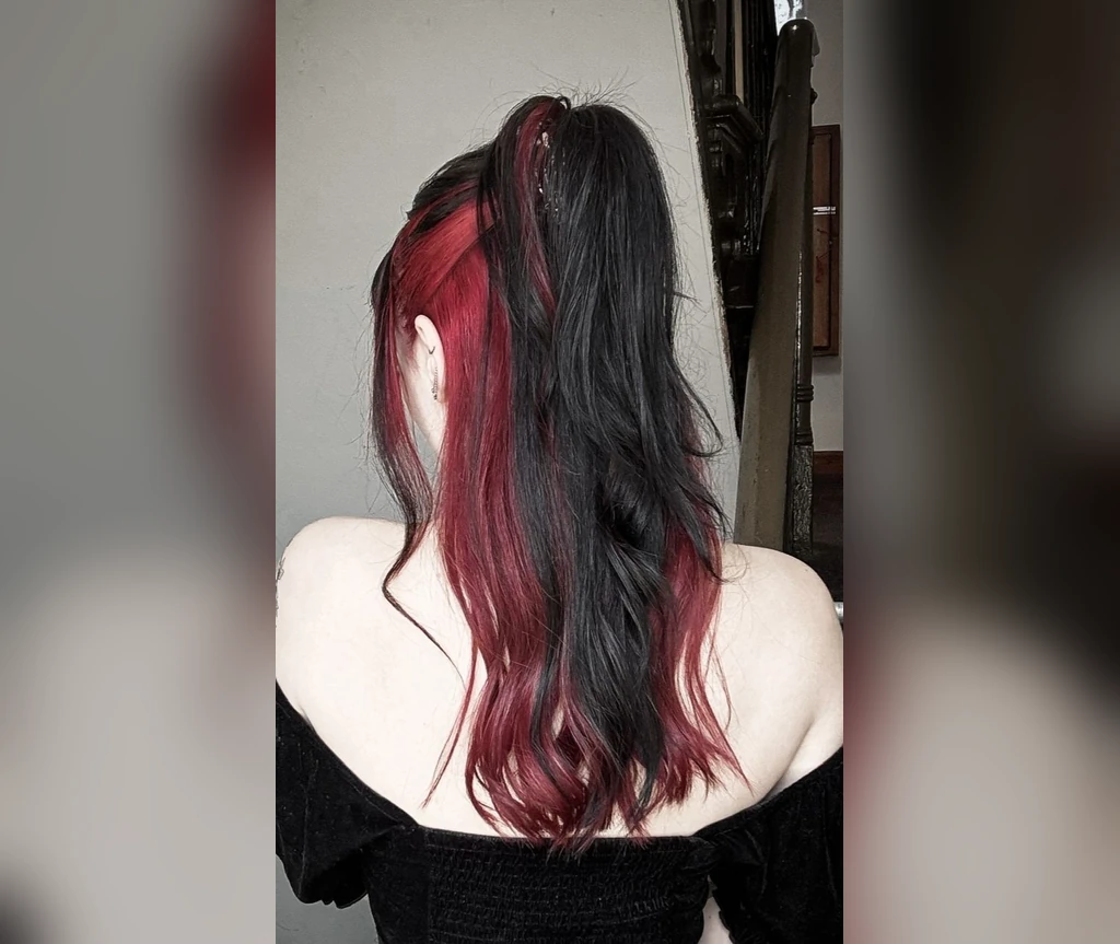 Red and black ponytail from behind