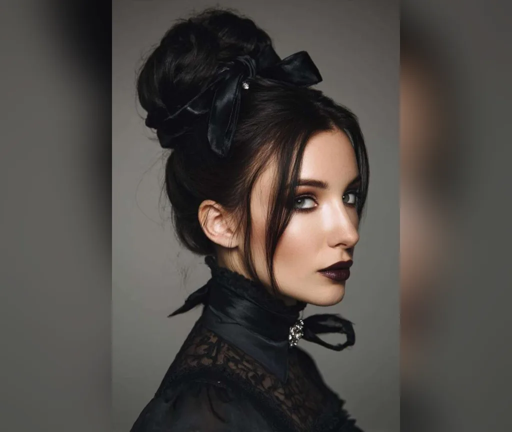 Dark updo finished with a black bow and dark lipstick, chic halloween hairstyles for women