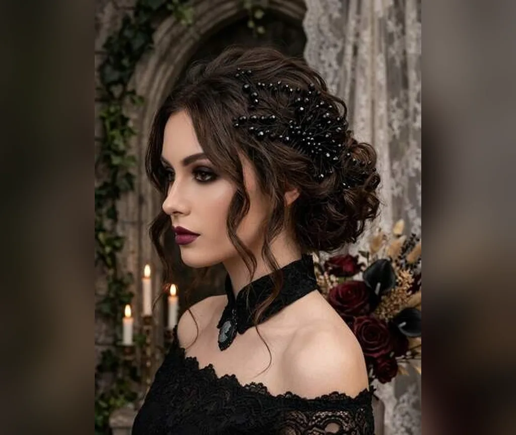 Dark romantic waves with a jeweled headpiece in candlelight, luxurious halloween hairstyles for women