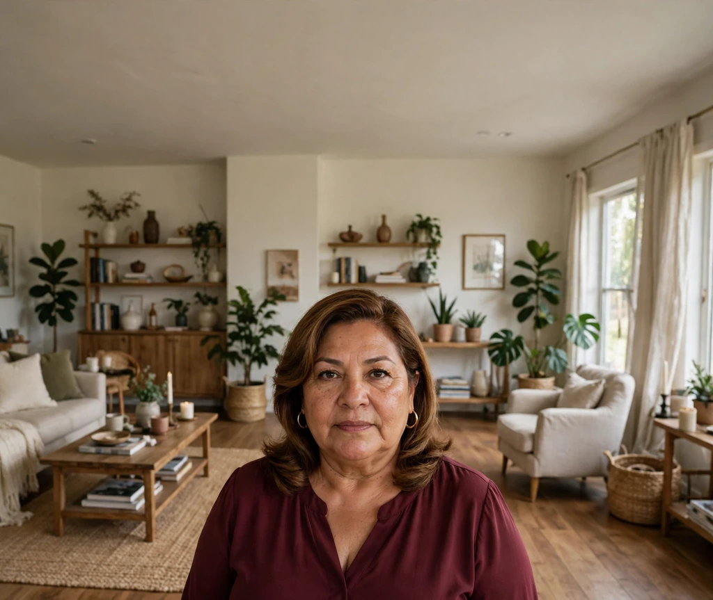 Plus-size Latina woman over 40 with a soft side-swept lob
