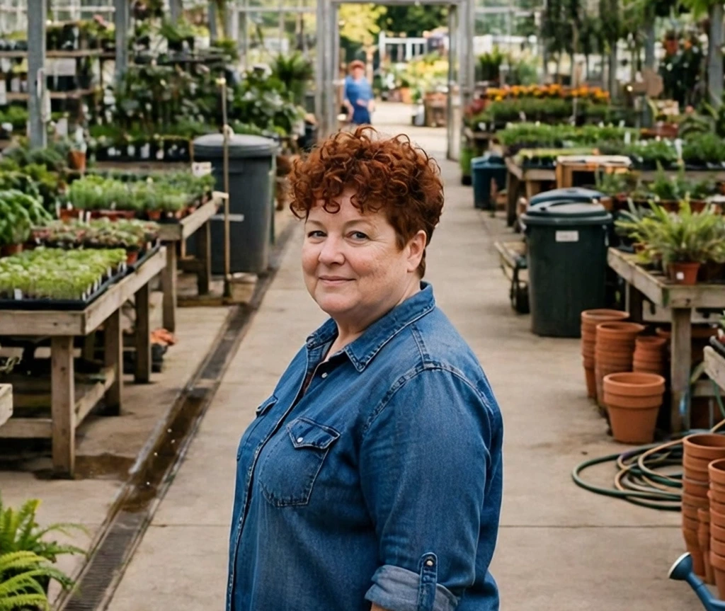 Plus-size woman over 40 with a curly tapered cut
