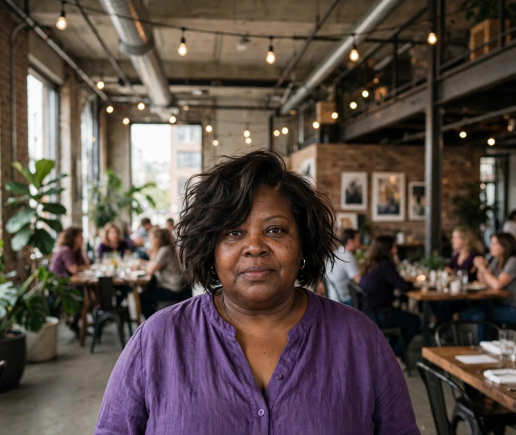 Plus-size woman over 40 with a textured bob and deep side part
