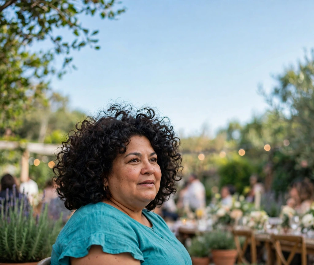 Plus-size woman over 40 with a voluminous curly bob