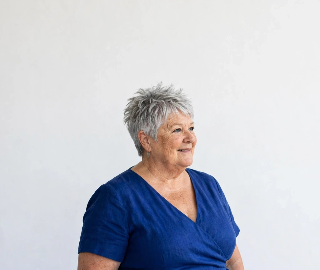 Plus-size woman over 50 with a radiant silver pixie cut