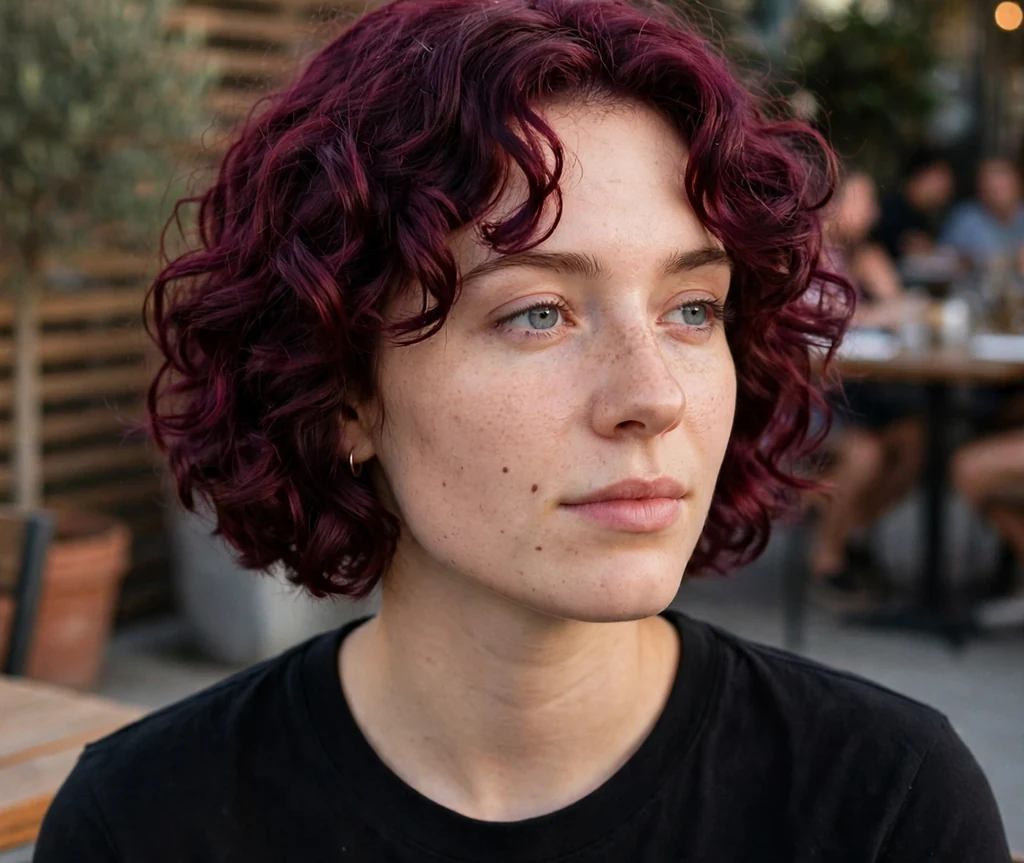 Short curly bob with burgundy