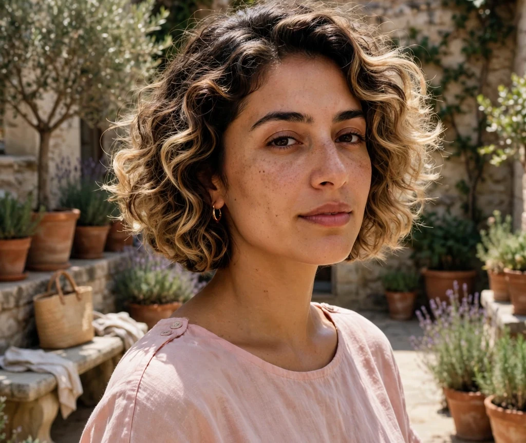 Short curly bob with balayage