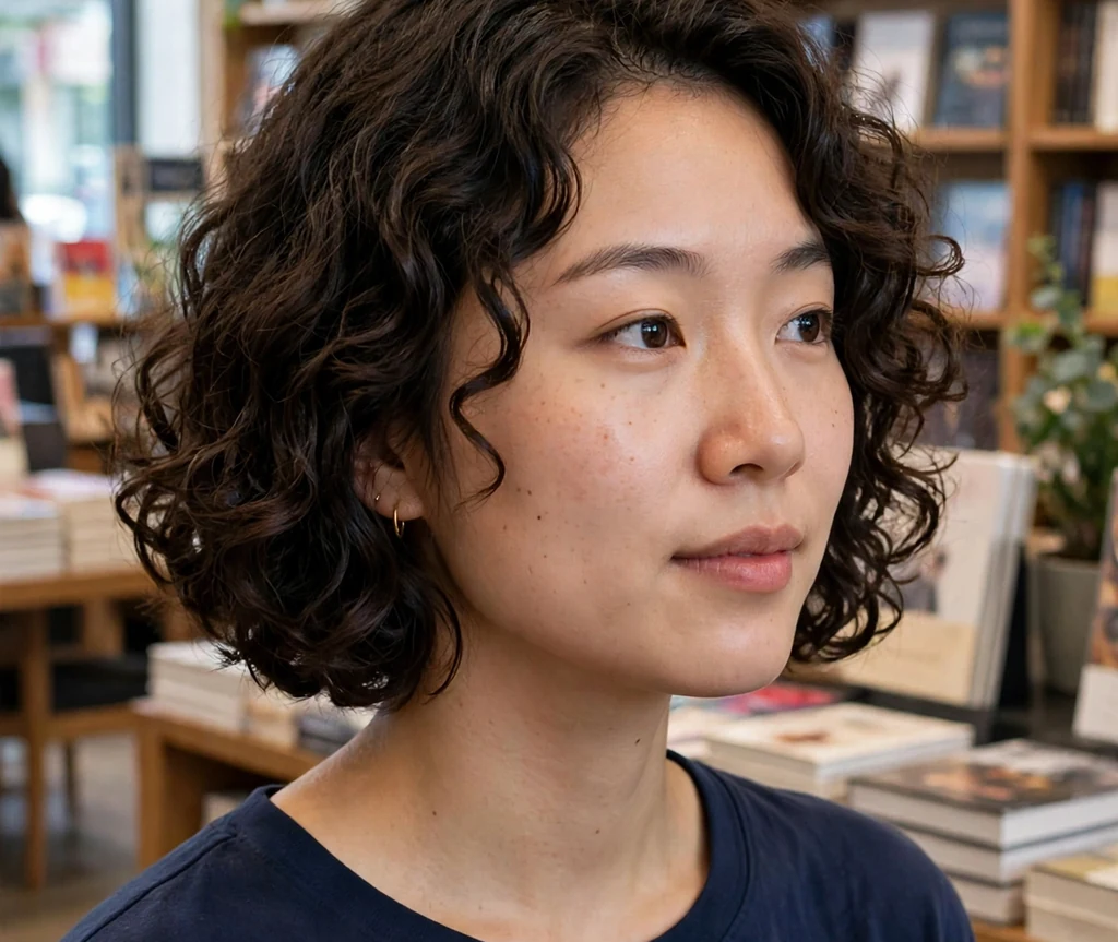 Chin-length short curly bob