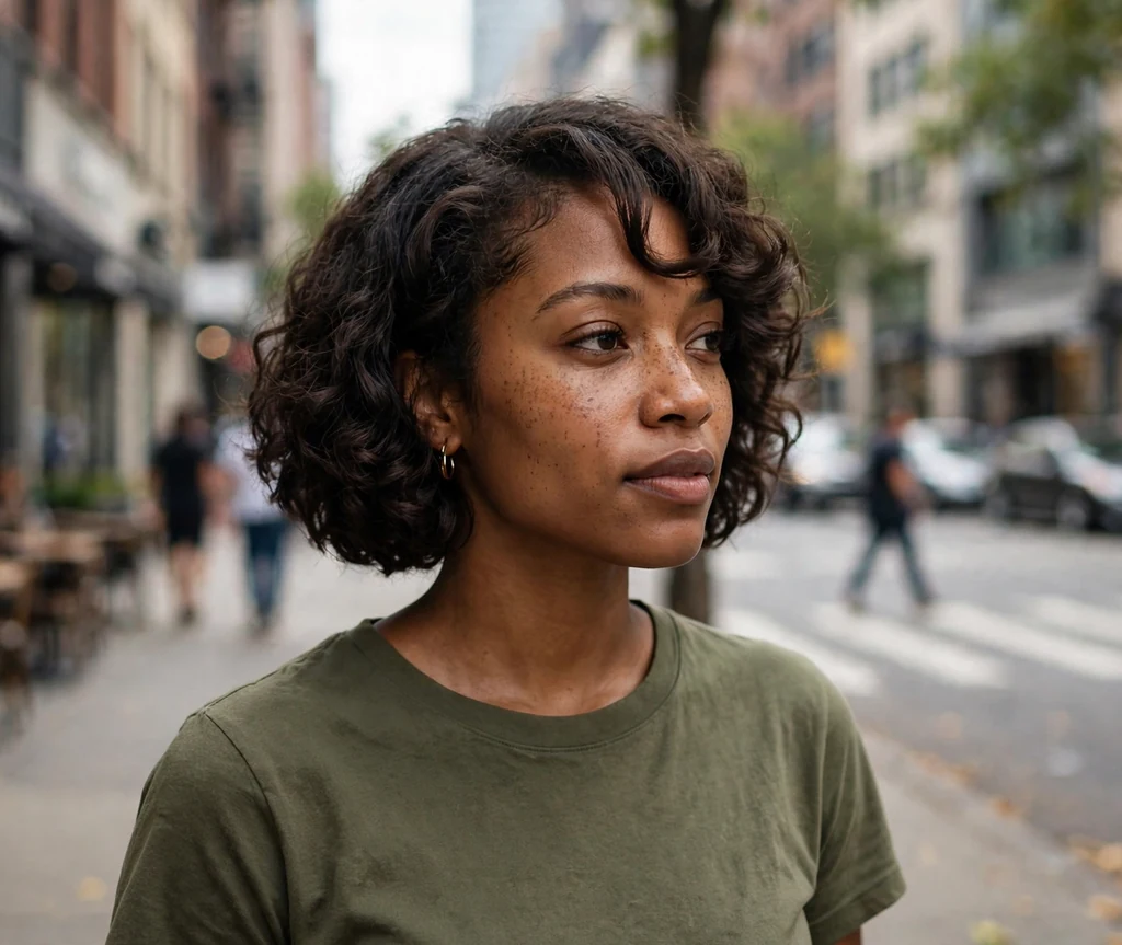 Short curly bob with side-swept bangs