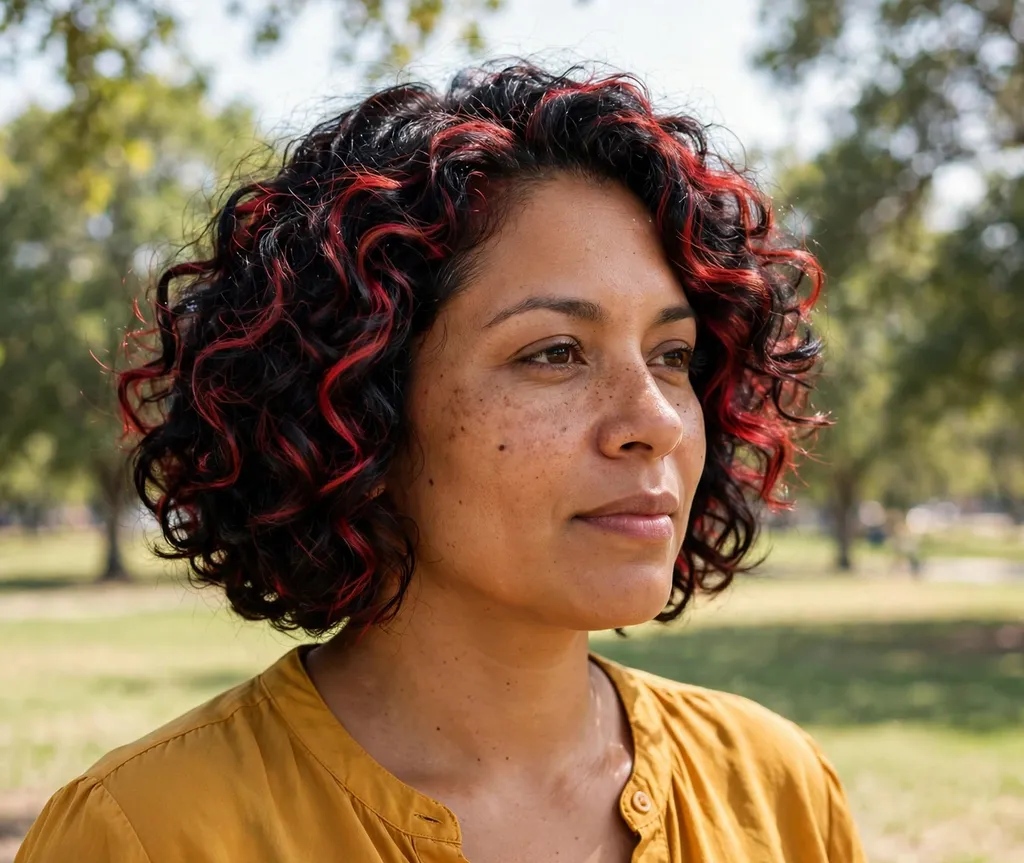 Short curly bob with red highlights