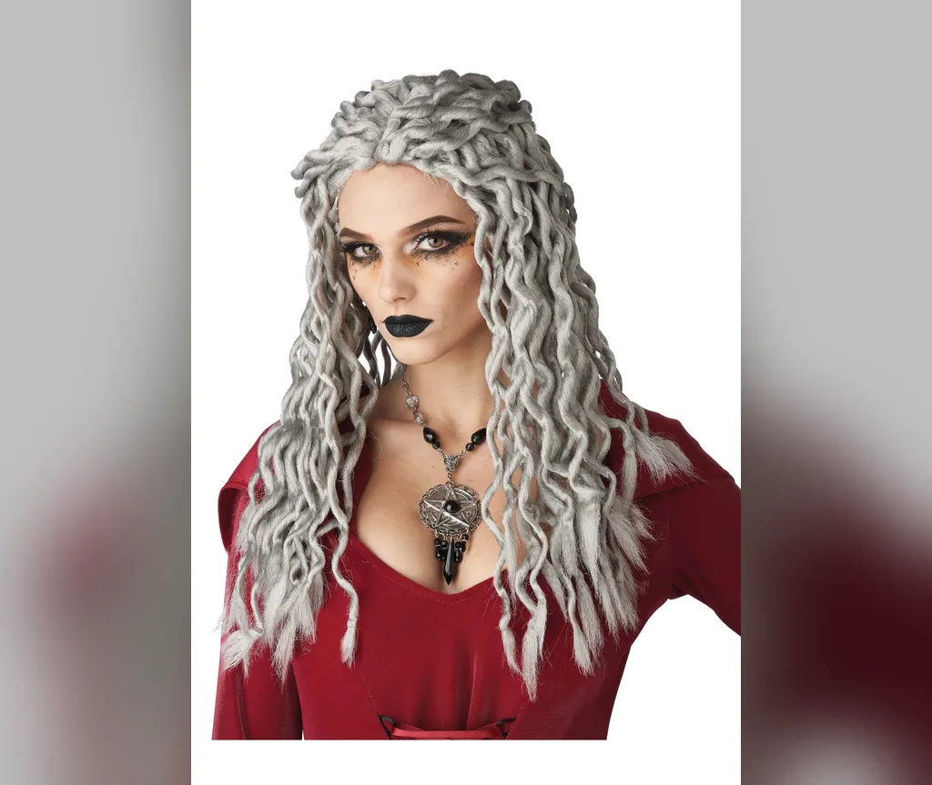 Long grey twists and dread-style strands, mystical halloween hairstyles for women for fortune teller looks